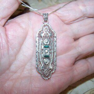Art Deco Rhodium Plated Green/Clear Rhinestone Filigree Pendant